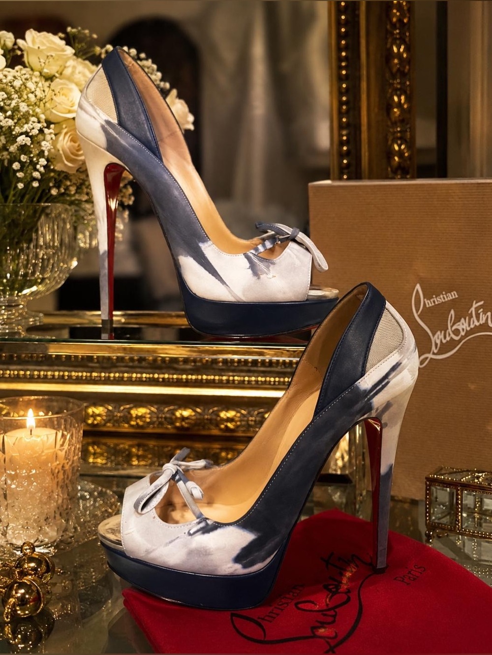 Christian Louboutin Navy & White Peep-Toe Stiletto Pumps 91/2